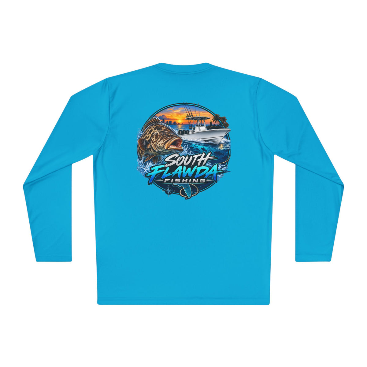 South Flawdas Fishing Long Sleeve Tee — Coastal Sunset Tarpon Boat Graphic