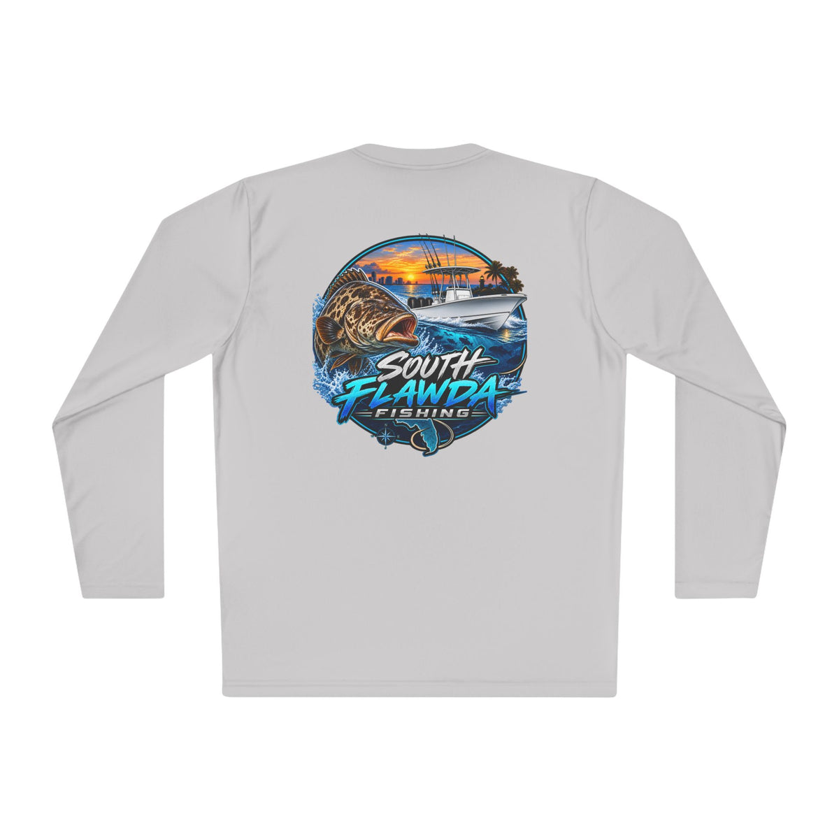 South Flawdas Fishing Long Sleeve Tee — Coastal Sunset Tarpon Boat Graphic