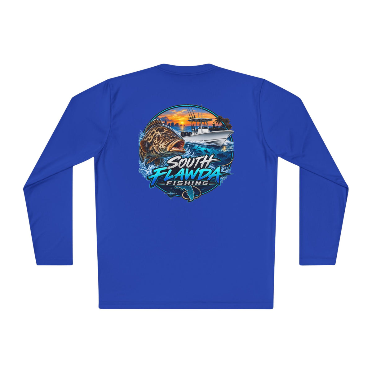 South Flawdas Fishing Long Sleeve Tee — Coastal Sunset Tarpon Boat Graphic
