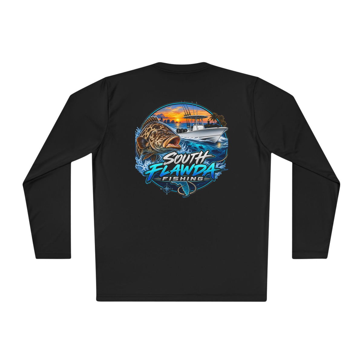 South Flawdas Fishing Long Sleeve Tee — Coastal Sunset Tarpon Boat Graphic
