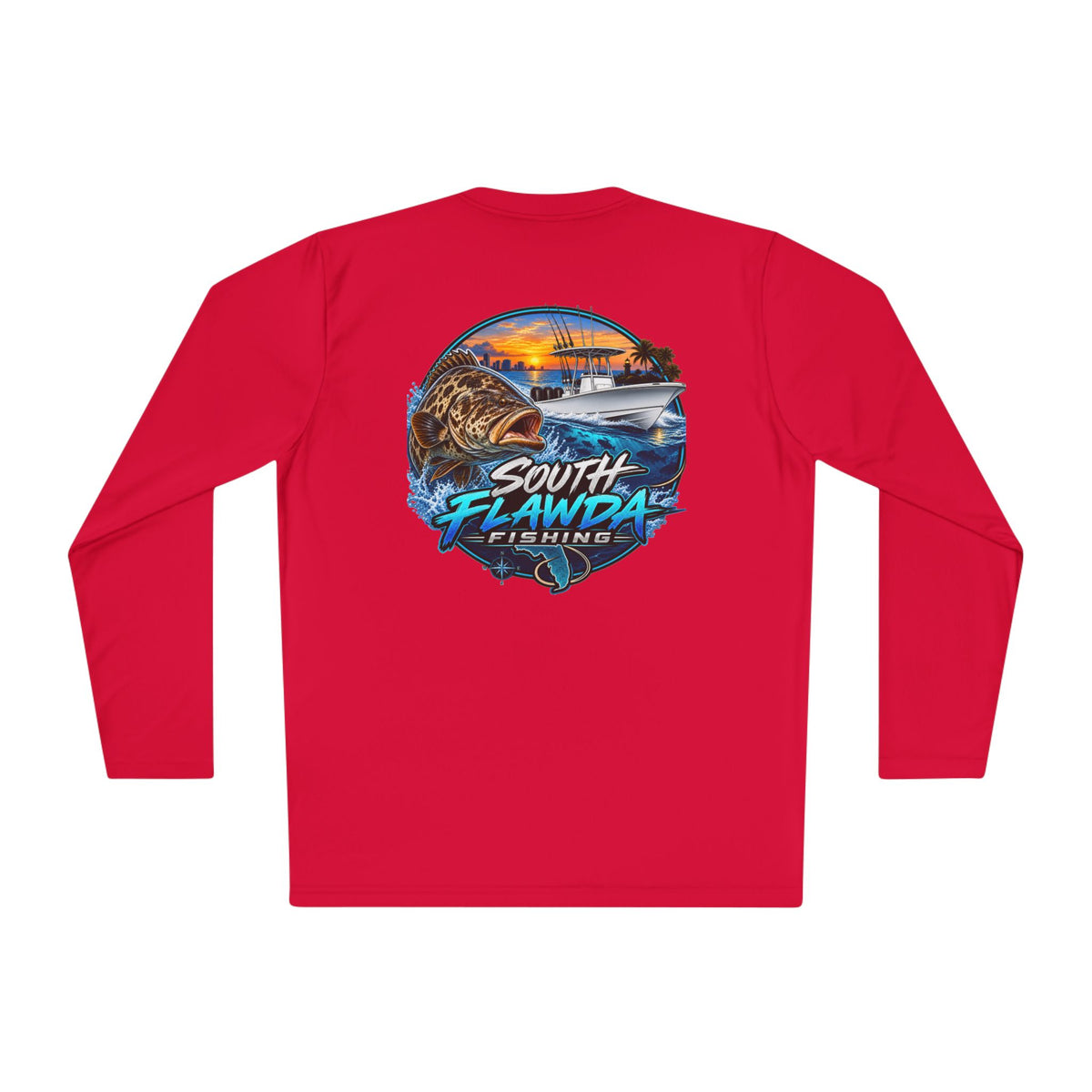 South Flawdas Fishing Long Sleeve Tee — Coastal Sunset Tarpon Boat Graphic