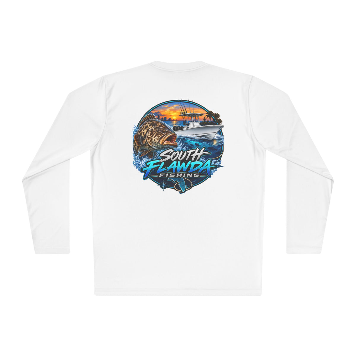 South Flawdas Fishing Long Sleeve Tee — Coastal Sunset Tarpon Boat Graphic