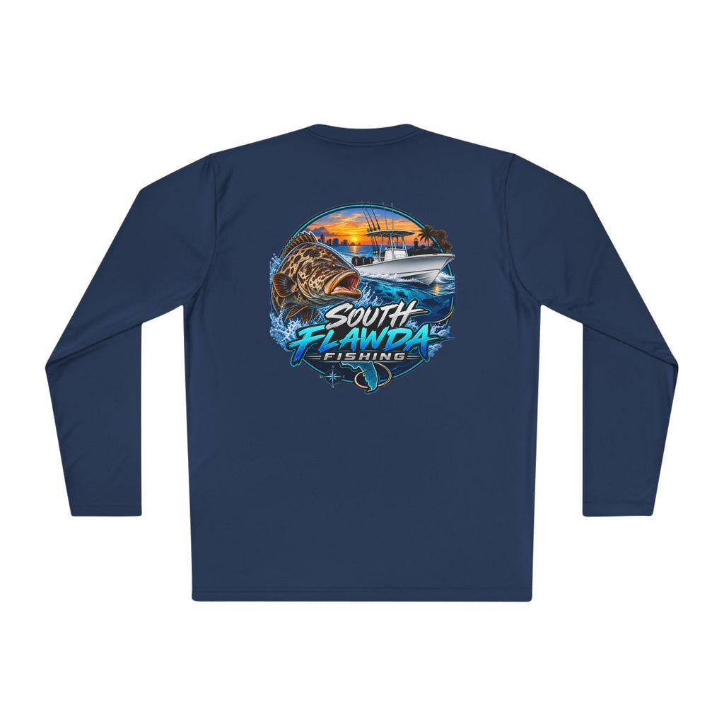 South Flawdas Fishing Long Sleeve Tee — Coastal Sunset Tarpon Boat Graphic