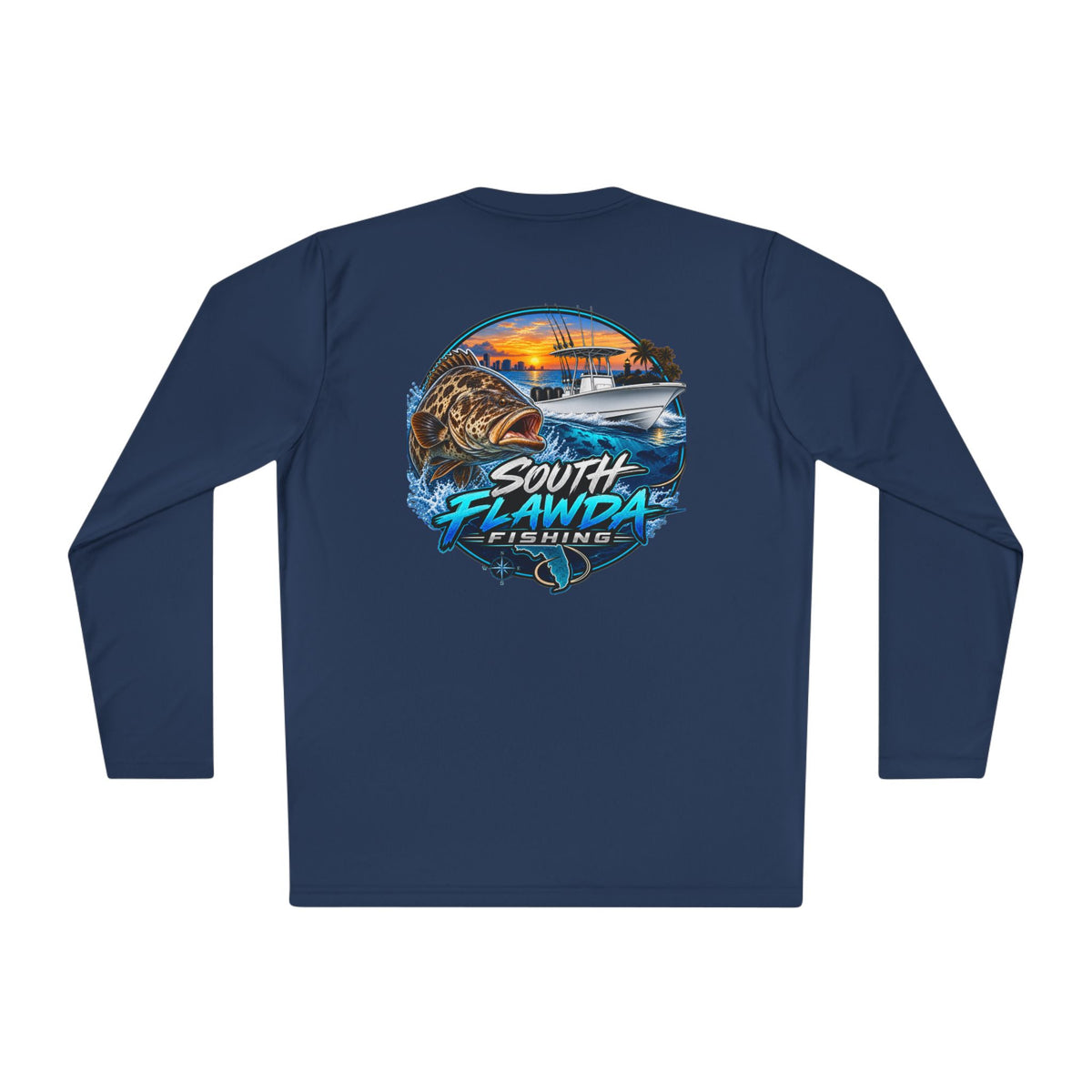 South Flawdas Fishing Long Sleeve Tee — Coastal Sunset Tarpon Boat Graphic